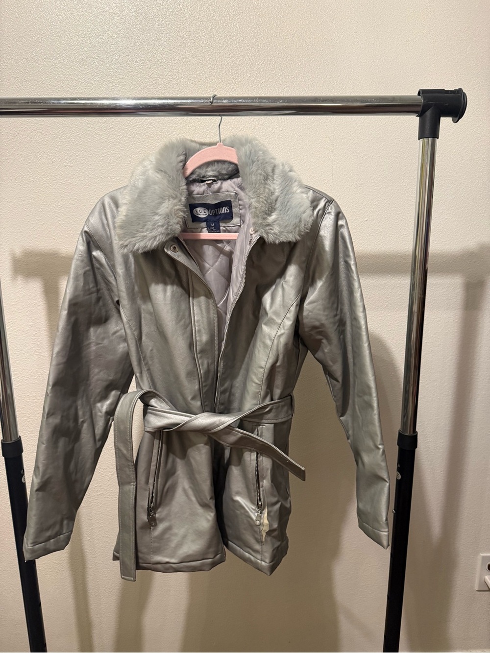 Silver Faux Leather Belted Jacket with Faux Fur Collar